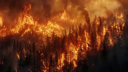 Wall Mural - Wildfire raging through a forest, showing the devastating impact of climate change on natural disasters.