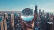 © FYN ART - A hand lifting a glass sphere containing the mesmerizing Chicago skyline, surreal concept