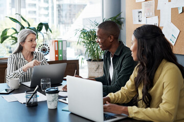 Aufkleber - Consulting, financial advisor and laptop with couple in meeting for budget, investment or planning. Computer, portfolio and wealth management with mature finance broker talking to client people