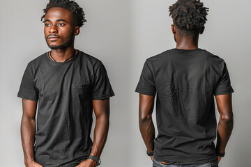 Wall Mural - Handsome young African guy modeling a blank cotton t-shirt, posing confidently in a studio.