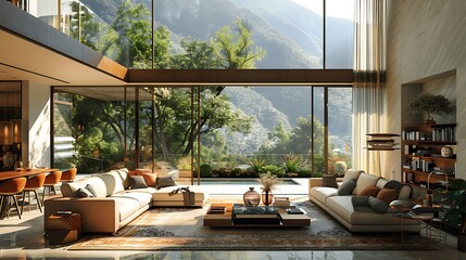 living room with floor-to-ceiling windows and abundant natural light, realistic interior design