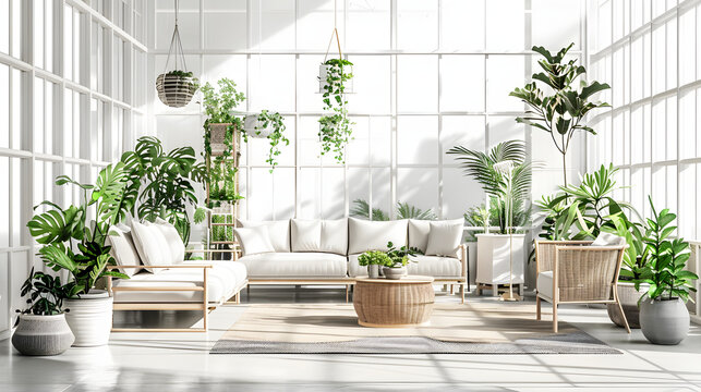 Scandinavian-inspired conservatory with lots of natural light isolated on white background, hyperrealism, png
