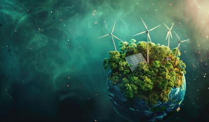 Sticker - miniature models of earth and eco-friendly photography of a green scenery, energy, electricity, crea