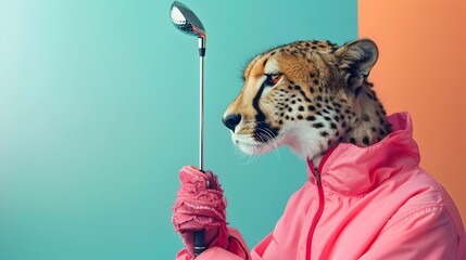 Wall Mural - Cheetah Embraces Golfing Passion in Surreal Illustrated World