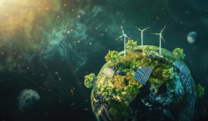 Sticker - miniature models of earth and eco-friendly photography of a green scenery, energy, electricity, crea