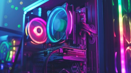 Poster - A computer case with neon lights and a colorful fan