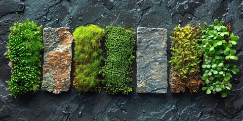 Wall Mural - A set of samples featuring materials like stone, moss, and grass, showcasing textured growth in nature's palette.