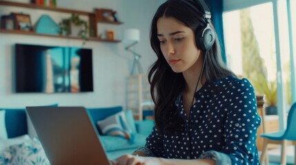 Canvas Print - The woman with headphones working.