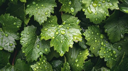 Wall Mural - Close up image of damp green grape leaves