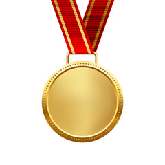 Wall Mural - gold medal with red ribbon first place vector illustration. realistic isolated trophy medal with met