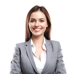 Wall Mural - portrait of a smiling business woman straight hair in grey suit isolated on transparent background