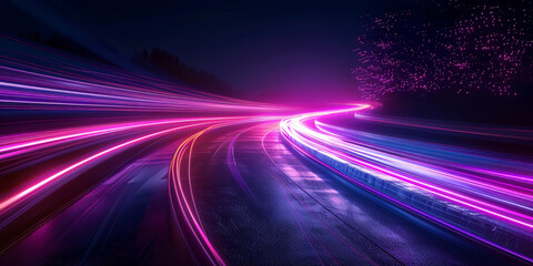 Poster - A minimalistic background with blurred light trails in purple and pink, speed motion. Pink and purple neon light trails in motion creating a dynamic and futuristic visual experience
