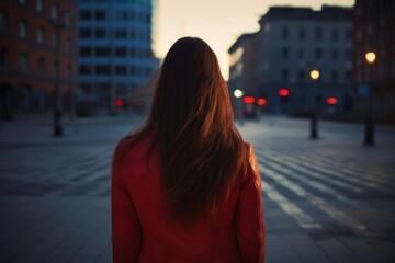 lonely woman standing on the street with her back to the camera. depression, mental health, stress, illness, sadness, emotional abuse concept