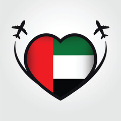 Wall Mural - United Arab Emirates Travel Heart Flag With Airplane Icons