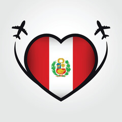 Wall Mural - Peru Travel Heart Flag With Airplane Icons