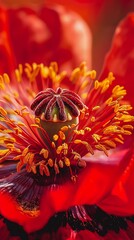 Sticker - AI illustration of a vibrant red flower with numerous stamens and buds