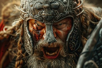 Closeup of a viking warrior's face with detailed helmet, showing a fierce battle expression