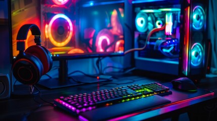 Poster - A computer desk with a keyboard, mouse, and monitor