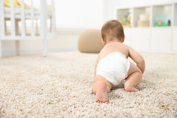 Canvas Print - Baby boy crawling on carpet at home, back view. Space for text