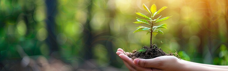 Wall Mural - Hands Nurturing Young Tree in Bright Sunlight