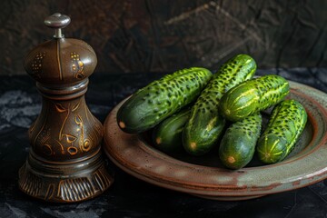 Wall Mural - Cucumbers and pepper grinder on table, staple ingredients and natural produce