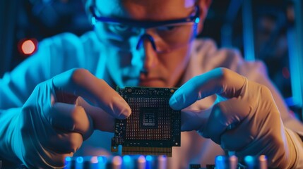 Wall Mural - A man is holding a computer chip in his gloved hand