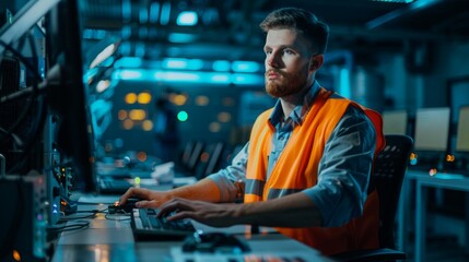 Aufkleber - A man in an orange vest is sitting at a computer