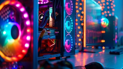 Poster - A computer setup with neon colored fans and a neon colored monitor