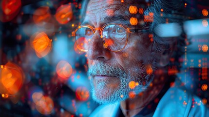 Wall Mural - multiple exposure shot of a mature doctor superimposed on a cityscape