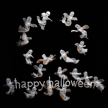 The words Happy Halloween flying floating spooky ghost 3d October design ghostly white text typography shop October quote greeting message isolated plain black background fun square haunted banner