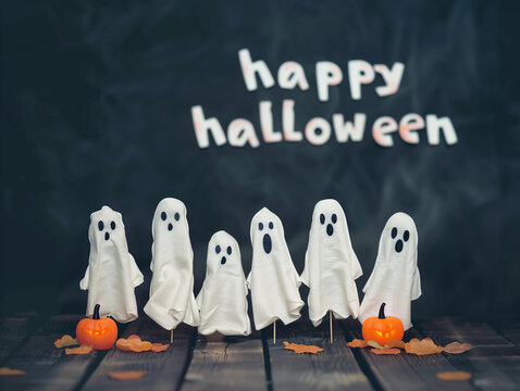 The words Happy Halloween spooky ghost 3d October design ghostly white bubble candy text typography shop October quote greeting message isolated plain black background fun square haunted font banner