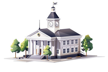 Elegant illustration of a classic town hall building with a clock tower, surrounded by trees, perfect for urban and architecture themes.