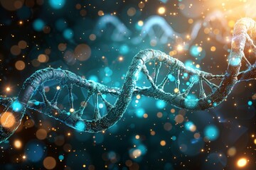 Poster - Blue DNA helix with glowing particles and depth of field effect, dynamic and modern molecular biology illustration, high tech genetic research