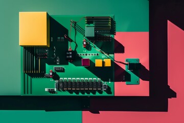 Poster - Modern circuit board design featuring colorful components and geometric shadows, blending technology with artistic elements in a vibrant composition.
