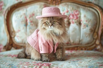 Wall Mural - Cute fluffy cat in a pink suit and hat sits in a vintage room
