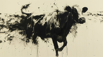 Abstract ink illustration of a cow black and white background