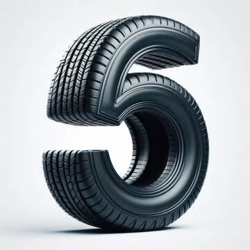 Rubber car wheel tire in shape number 5 Isolated on white background