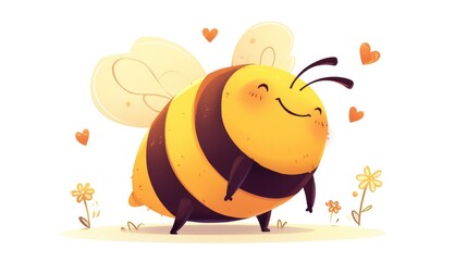 Wall Mural - A cheerful cartoon bee is standing alone on a white background