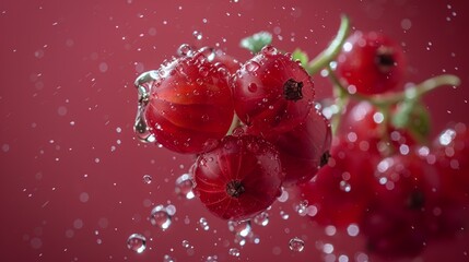 Wall Mural - Lush close-up of vibrant red currants adorned with fresh water droplets against a radiant red background, capturing their natural allure. Generative Ai