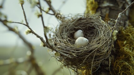 Sticker - AI generated illustration of a bird's nest perched on a branch against a background of a tree