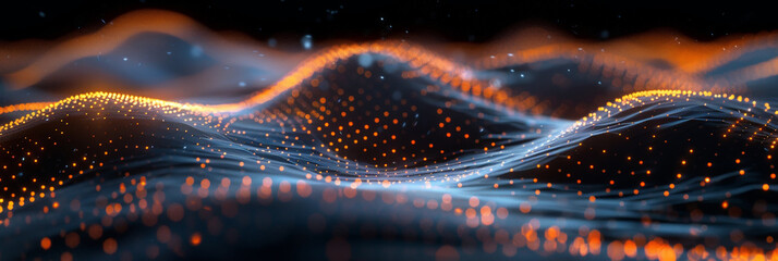 Poster - stunning abstract digital waves illuminated with glowing orange particles creating a mesmerizing fut