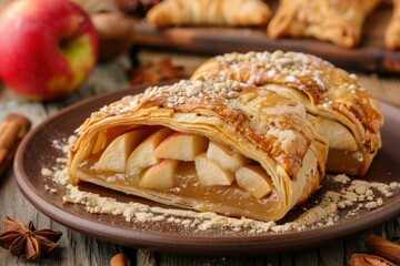 Wall Mural - Freshly baked apple strudel dusted with powdered sugar served on a rustic plate
