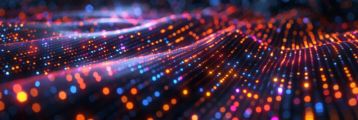 Poster - stunning abstract digital waves illuminated with glowing orange particles creating a mesmerizing fut