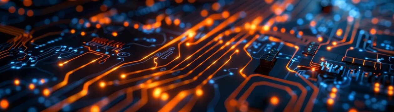 A close-up of a computer circuit board with orange and blue lights