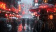 © Pukkaraphong - Rainy night in a bustling city street with people walking under umbrellas and red lanterns illuminating the scene.