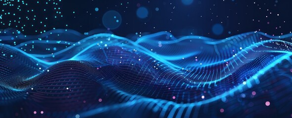 Fototapete - Abstract futuristic blue background with digital waves and glowing circular elements for technology or science concept vector illustration design