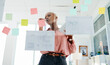 © peopleimages.com - Writing, glass and thinking with business black woman in office for brainstorming or planning. Agenda, problem solving and storyboard with employee in workplace for development of game plan or vision