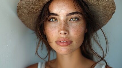 Wall Mural - beautiful young woman wearing a hat while posing against a white background