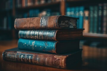 Wall Mural - STACK OF BOOKS ON THE TABLE IN LIBRARY - generative ai