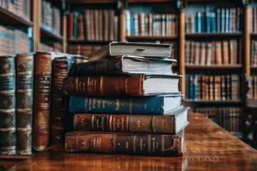 Wall Mural - STACK OF BOOKS ON THE TABLE IN LIBRARY - generative ai